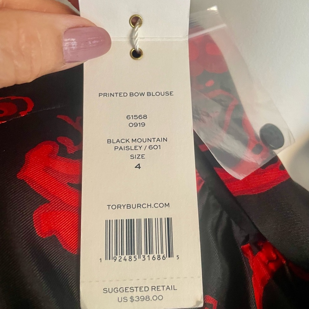 TORY BURCH Black & Red Floral Tie-Neck Blouse, NWT. - Picture 5 of 9